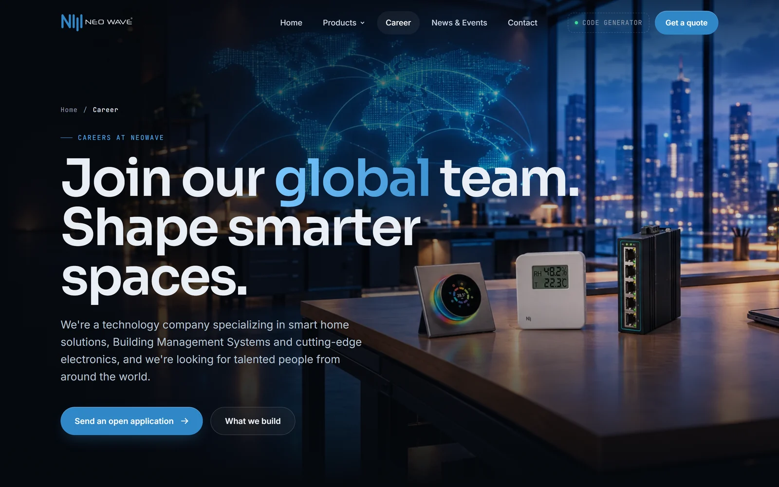 NeoWave career page hero: Join our global team over an AI-generated scene of NeoWave devices on a desk with a city skyline at night.