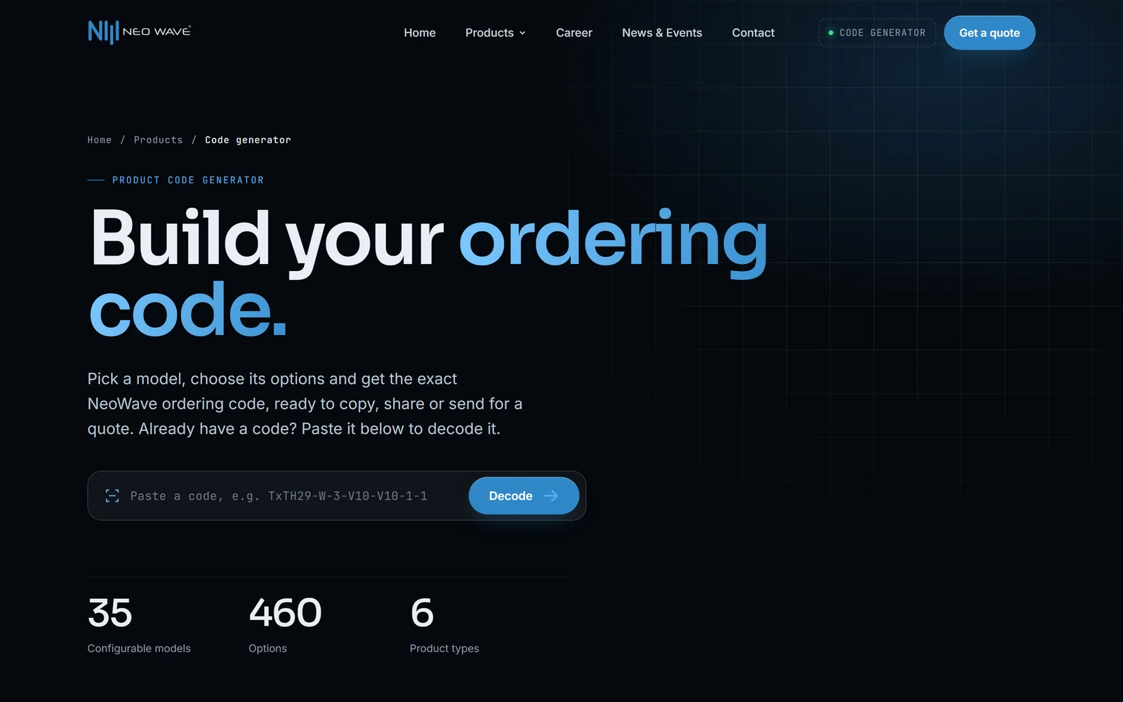 NeoWave code generator landing: the headline Build your ordering code. above a field for pasting a code to decode, with counts of 35 models, 460 options and 6 product types.